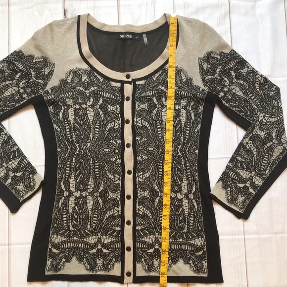 Nic+Zoe Taupe & Black Lace Look Button Front Cardigan Sweater Women’s small EUC - Picture 4 of 14